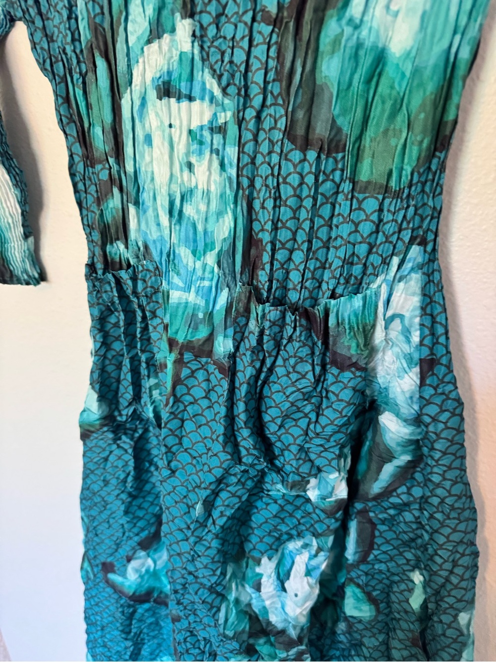 Alquema 3/4 Sleeve Smash Pocket Dress Aqua Flowers Crinkle Size 1 US 6/8 EUC - Picture 5 of 9